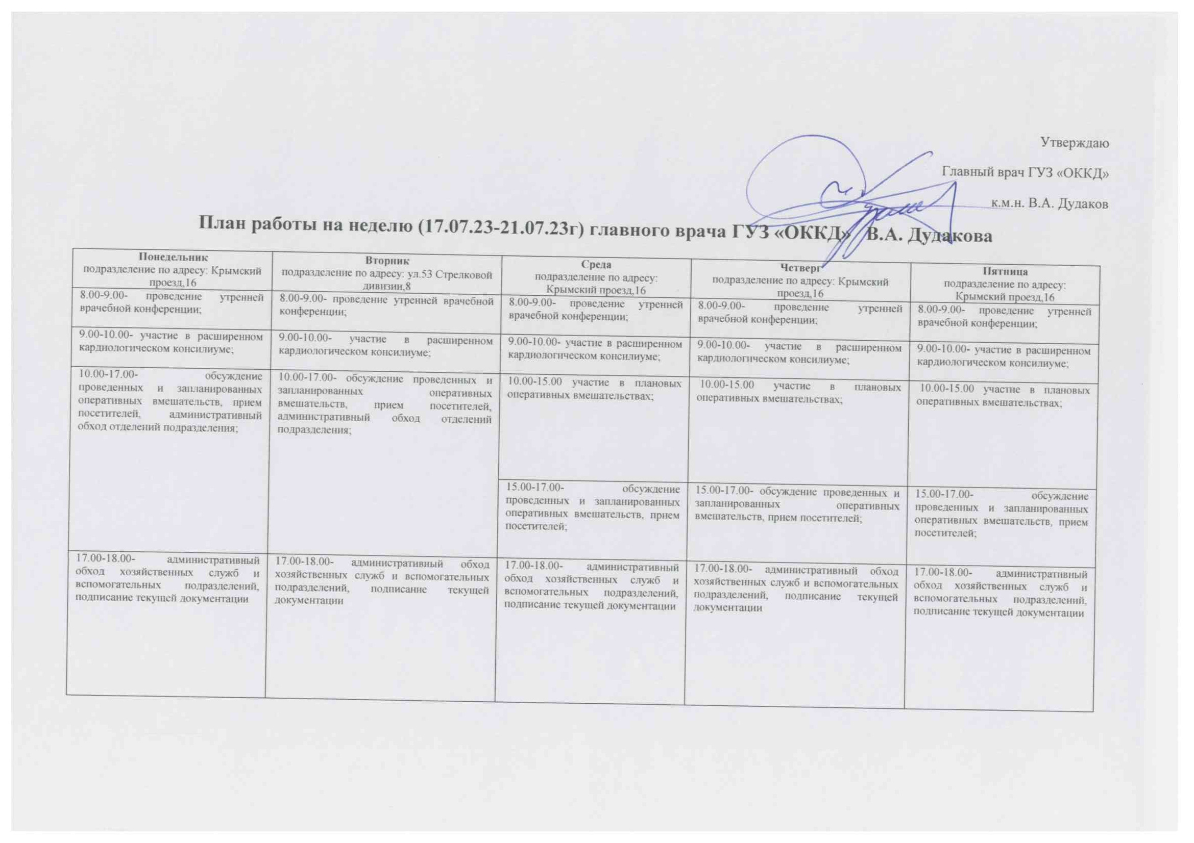 План работы главного врача на предстоящую неделю