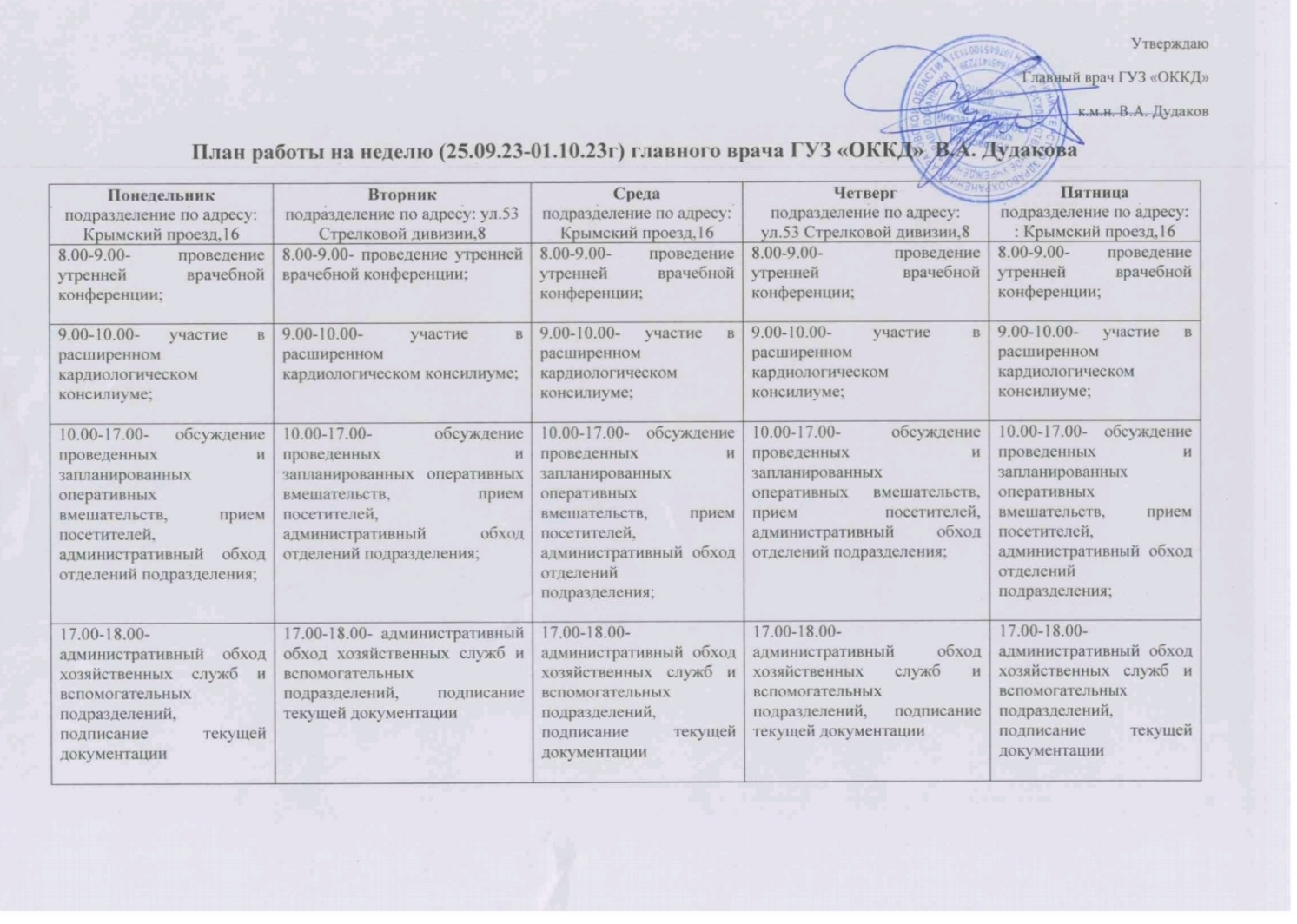 План работы главного врача на предстоящую неделю