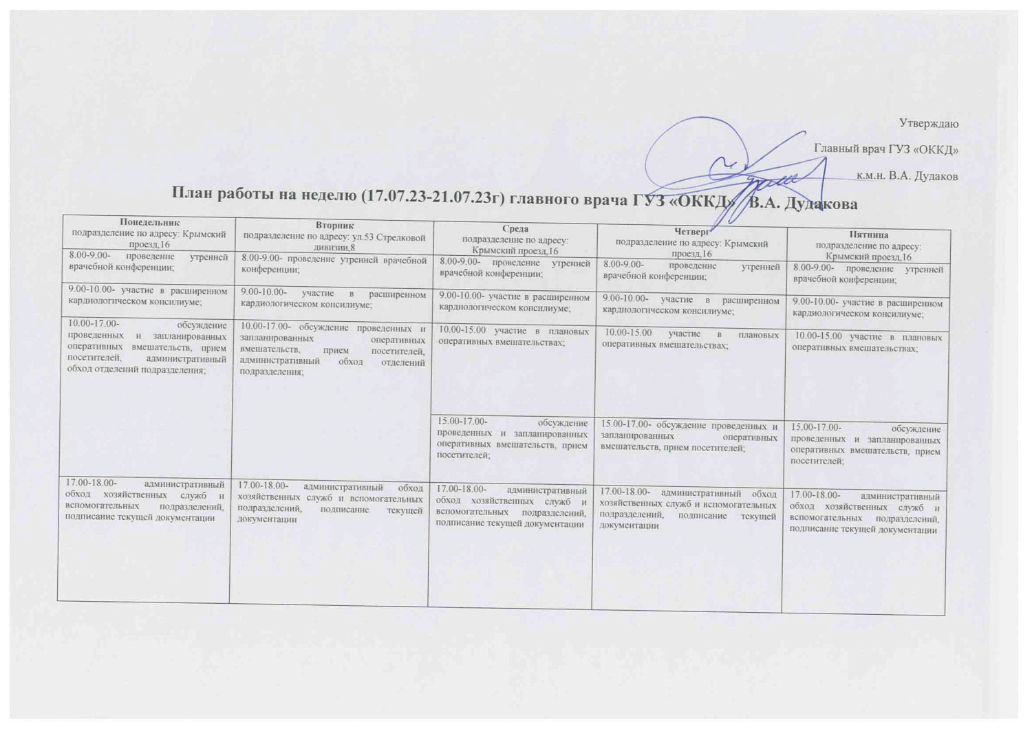 План работы главного врача на предстоящую неделю