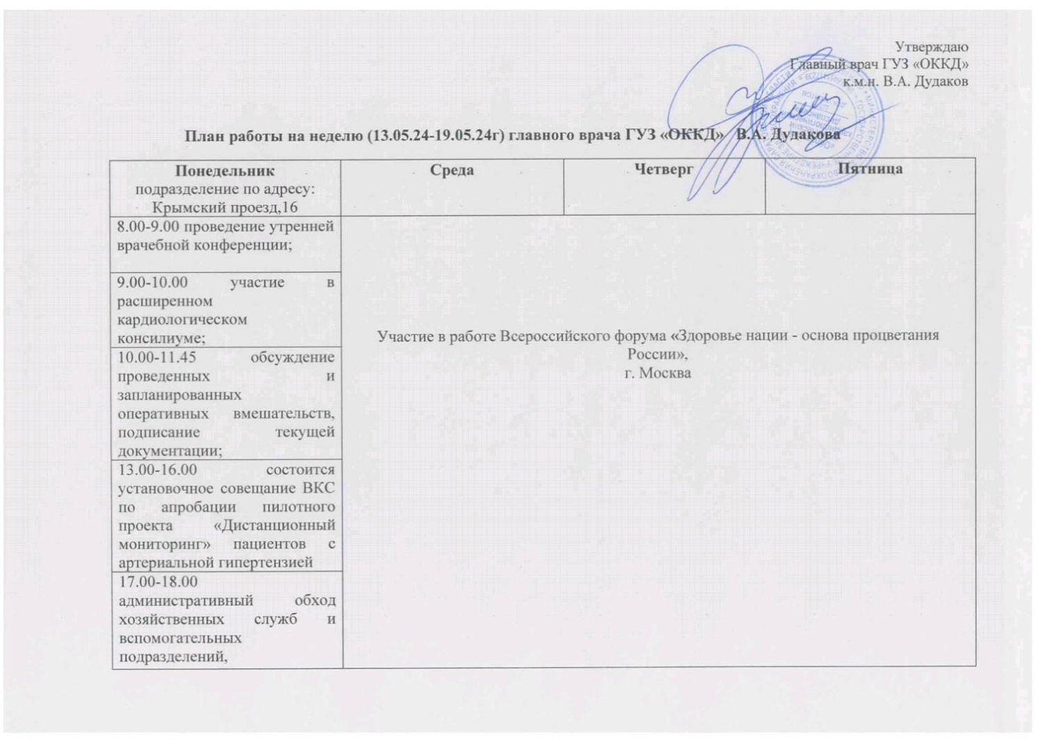 План работы главного врача на предстоящую неделю